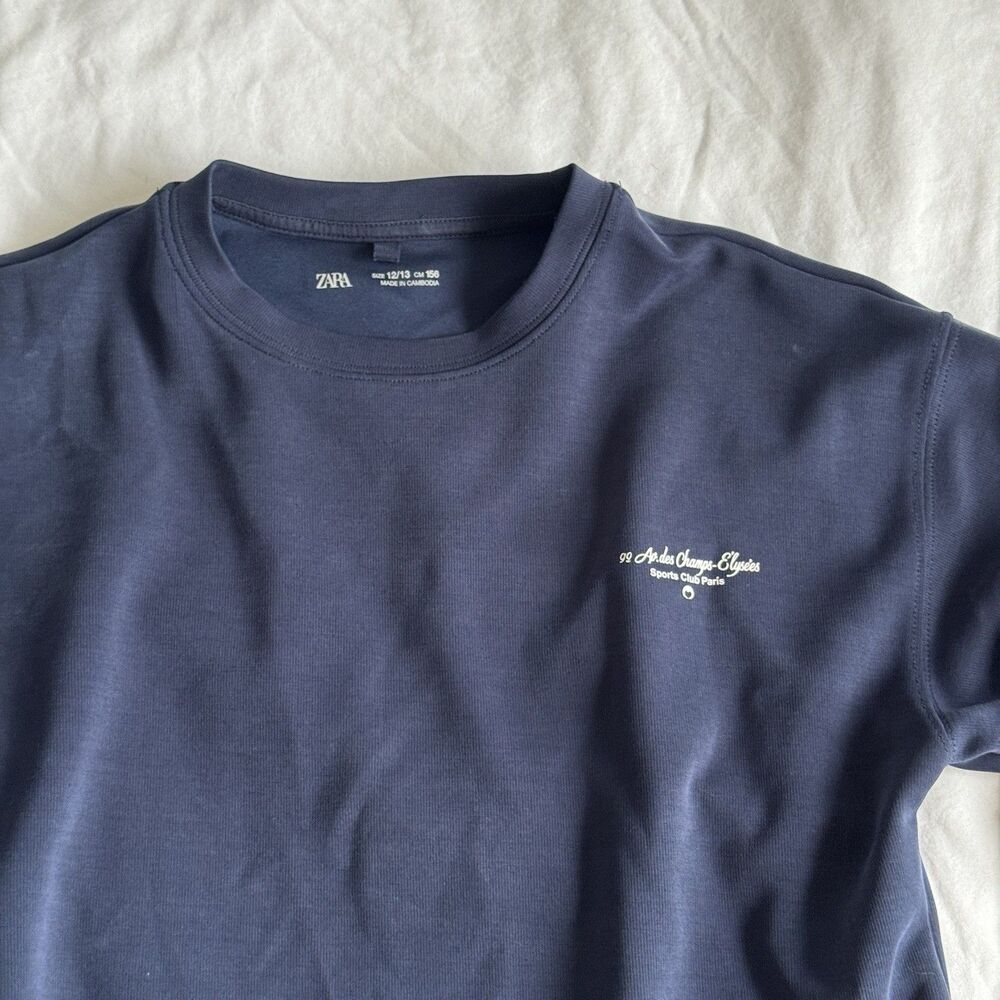 Zara Champs-Elysees Sports Club Crop Long Sleeve Top Navy Blue Flare Sleeve